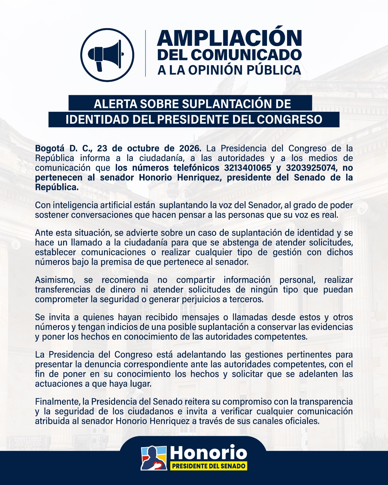 Alerta sobre suplantacion de identidad del Presidente del Congreso
