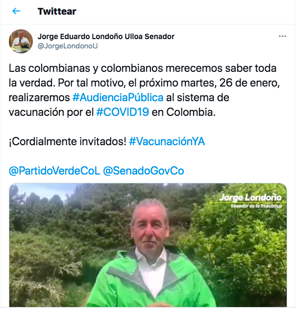 foto Tuit senador Londoño